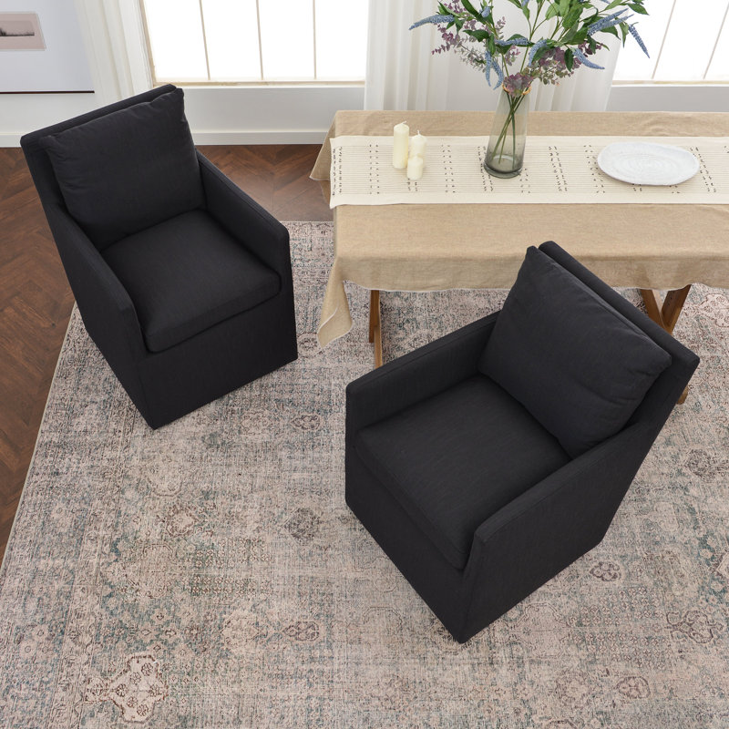 Cathlino 25" Wide Modern No Assembly Upholstered Linen Down Fill Dining Armchair with Interchangeable Casters & Fixed Feet (Set of 2)