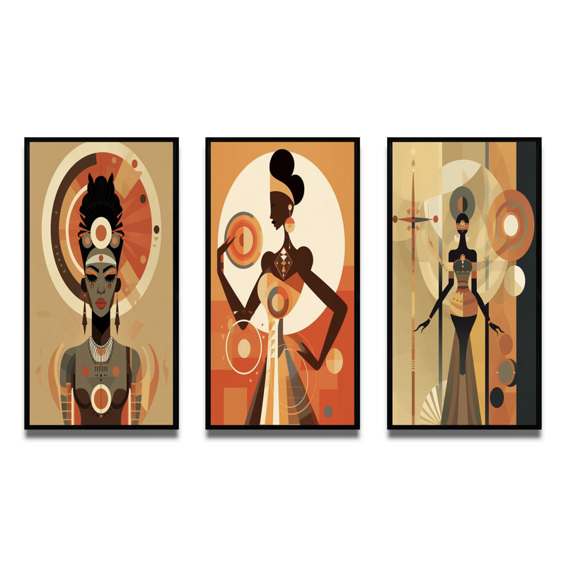 «Déesse africaine graphique rétro dans les tons de terre I», 3 pièces, Cadre flottant noir, H 48 po x l 32 po