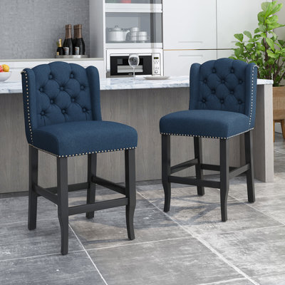 Fabric Tufted Wingback 27 Inch Counter Stools, Set Of 2, Navy Blue