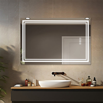 Lumière avant lumineuse pour miroir de salle de bain 48 po x 36 po à DEL, brume 5 minutes, réflexion Full HD, 3 couleurs à intensité variable, fixation murale