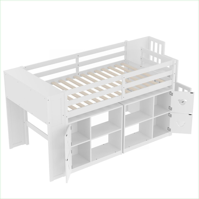 Twin Size Platform Low Loft Bed with Built-In Storage and Shelves, White Finish