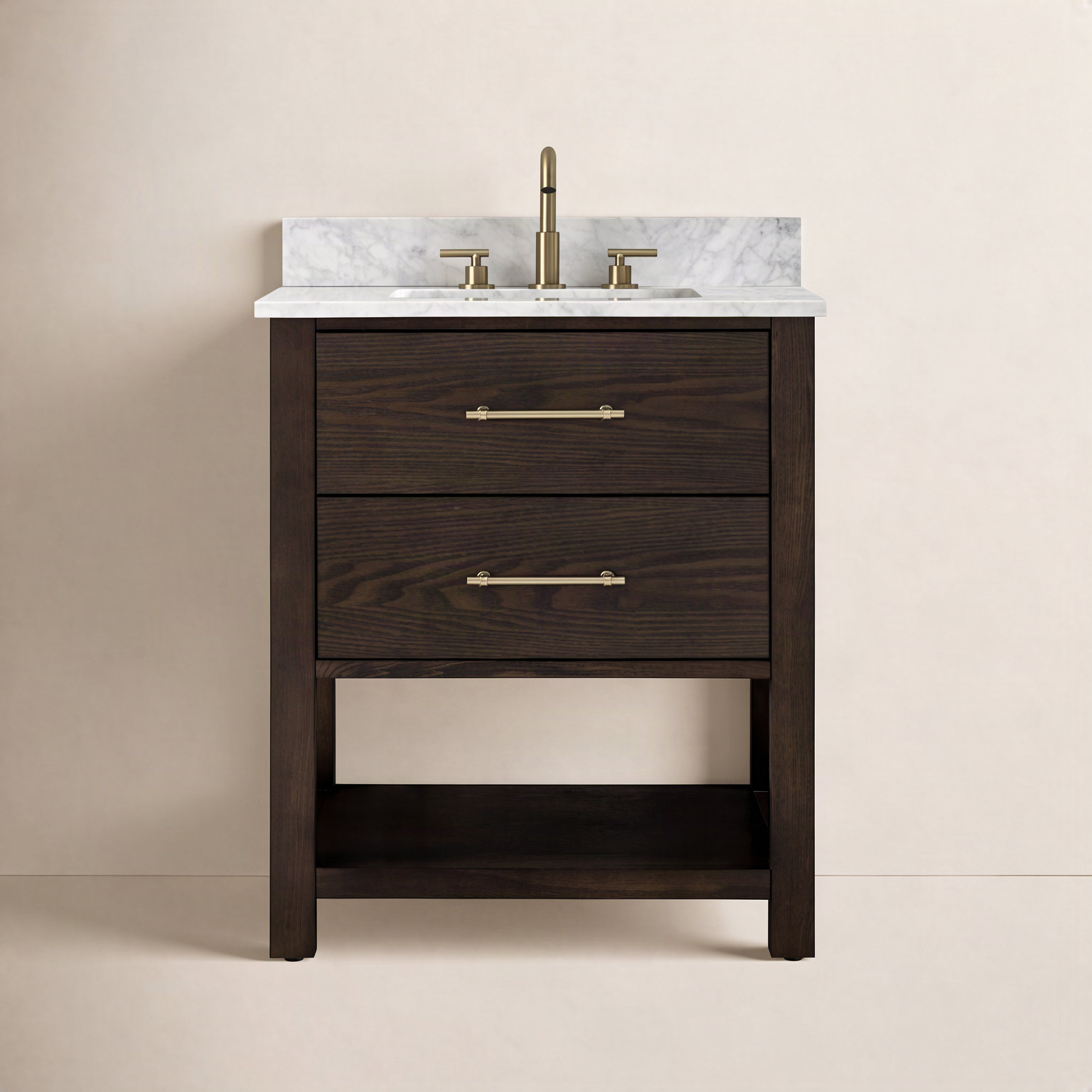 Keri 30" Carrara Marble Single Bathroom Vanity, Brown Oak/Antique Brass