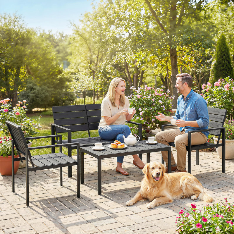 Outsunny 4 Seater Garden Furniture Set with HDPE Slatted Loveseat, Black