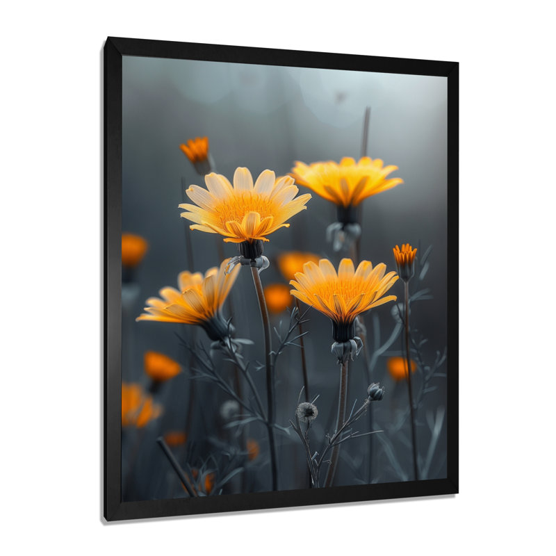 Monochrome Yellow Grey Daisy In The Wind II - Daisy Wall Art Print, 32" H x 24" W x 1" D, Black Single Picture Framed