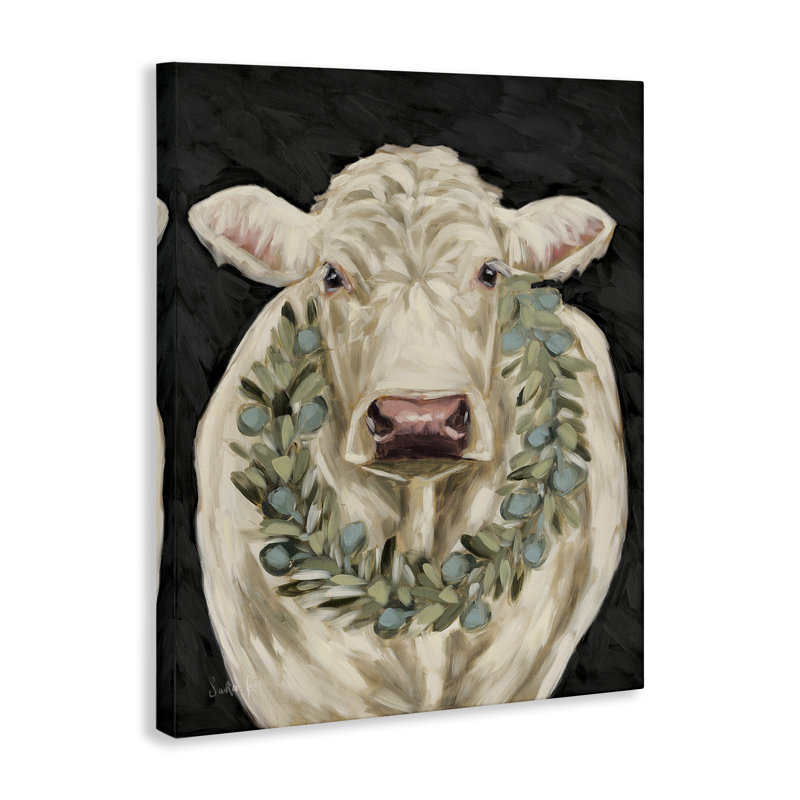 «Cow with Holiday Wreath», art mural sur toile par Sara G. Designs, H 20 po x l 16 po