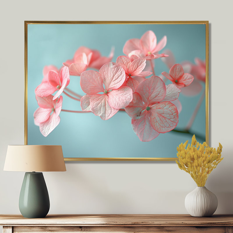 Cristal, rose, bleu, hortensia, charme délicat - art mural hortensia, H 12 po x l 20 po, Cadre flottant doré