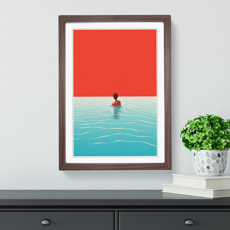 Swimming Minimalism No.2 - Single Picture Frame Print on Wood, 34cm H x 25cm W x 2cm D, Walnut