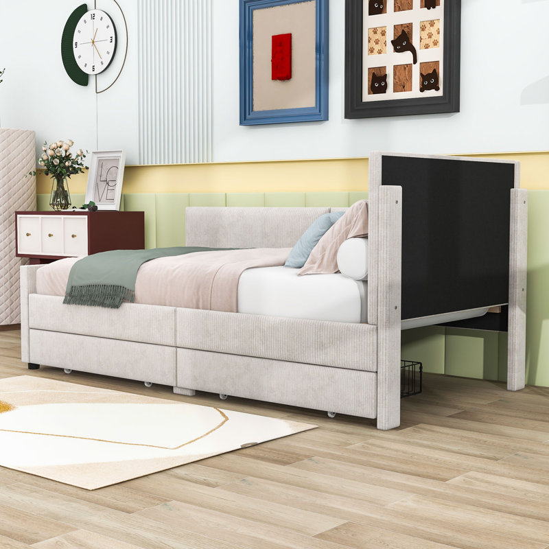 Twin Upholstered Daybed with 2 Storage Drawers, Beige