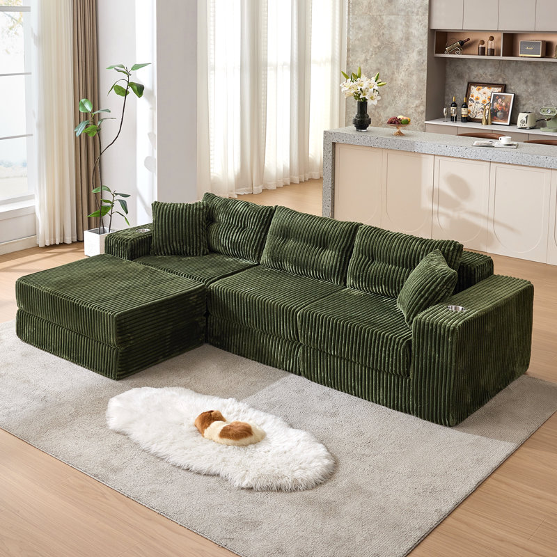 Canapé modulaire à compression à densité élevée de 109 po avec repose-pieds, Vert