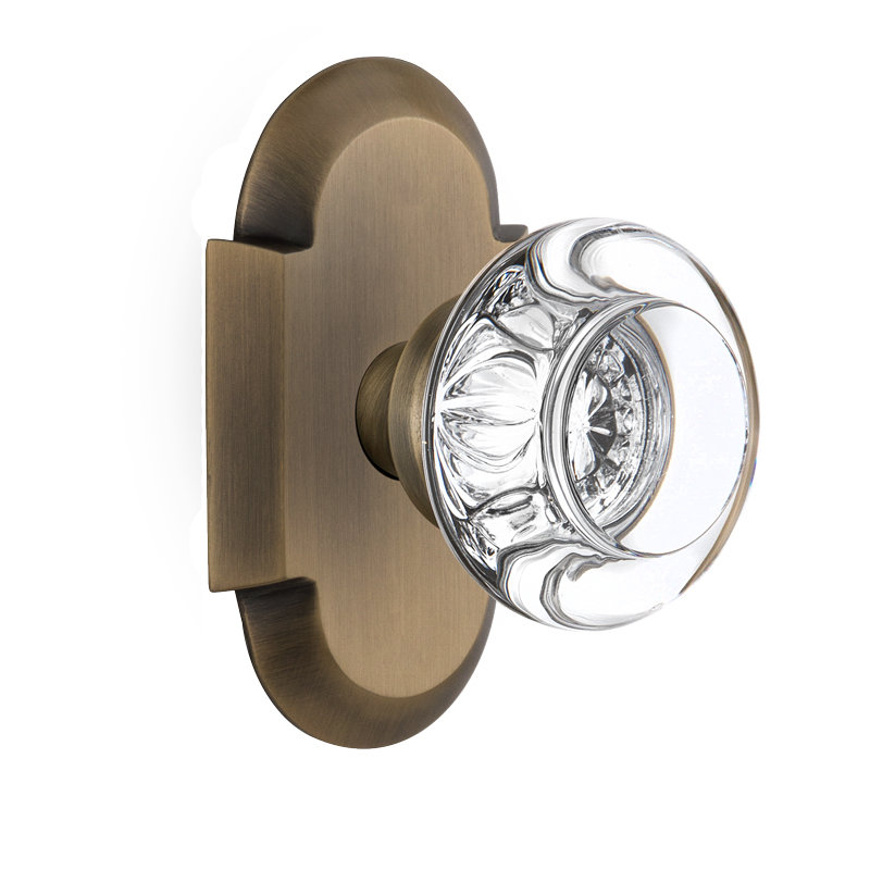 Cottage Plate with Round Clear Crystal Door Knob, Antique Brass, 2-3/8"