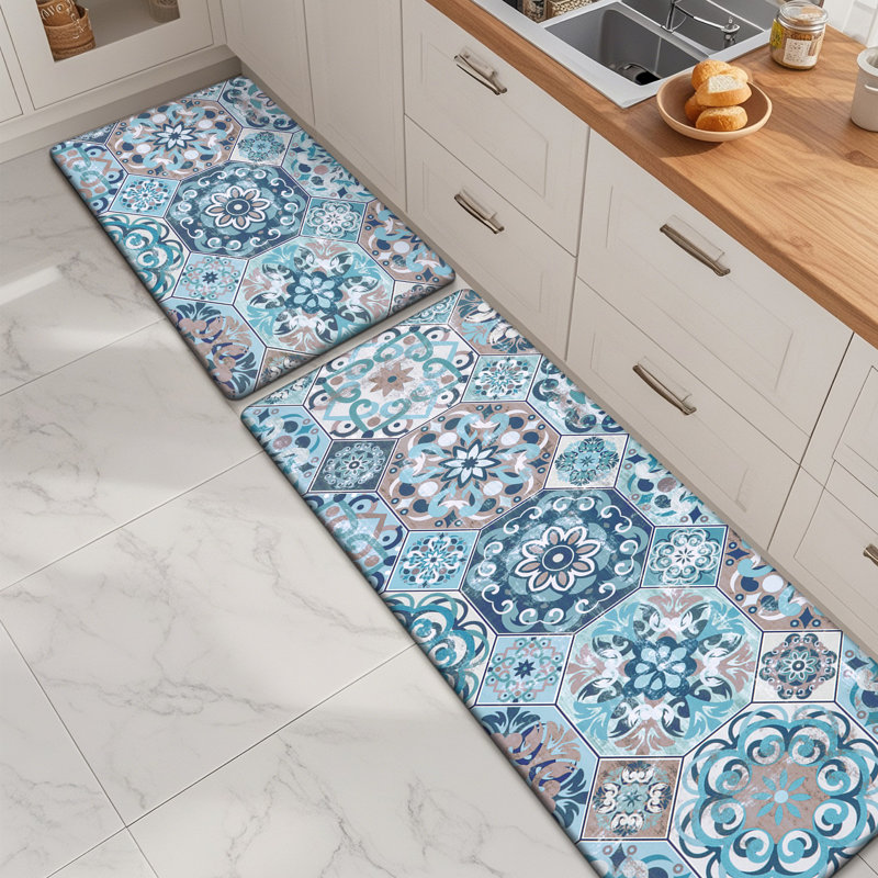 Ensemble de 2 tapis de cuisine Alishia, Bleu / bleu sarcelle, Tapis de couloir 20 po x 31,5 po + 20 po x 59 po
