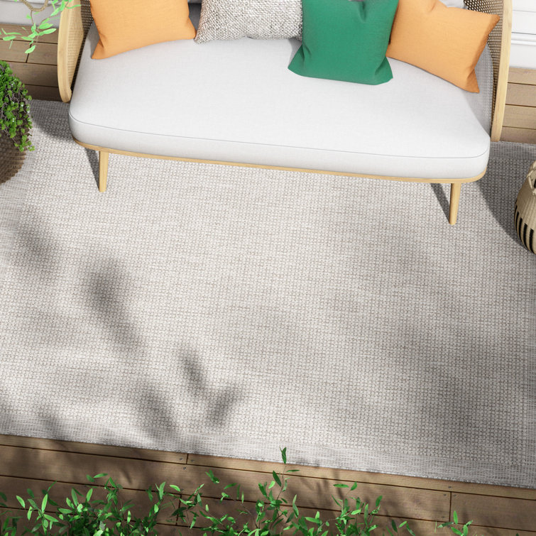 Clesha Solid & Striped Border Indoor Outdoor Grey Ivory Flatweave Rug