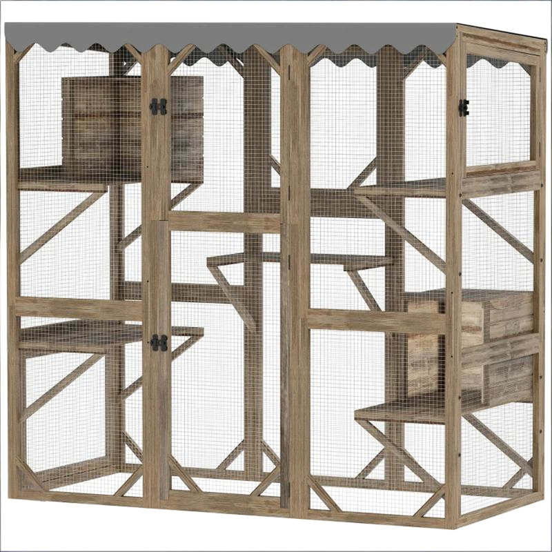 Enceinte d'extérieur pour chat avec quatre portes d'accès, aire de jeu extensible, cinq plateformes, deux maisons, bois massif et fil galvanisé, toit bâche