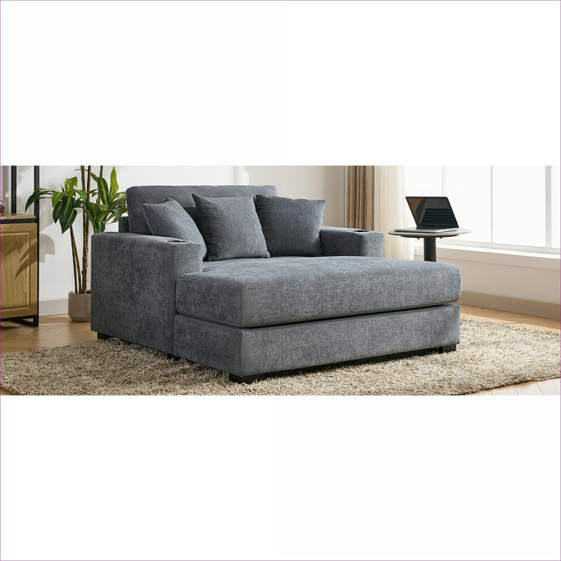 Chaise avec accoudoirs en tissu de chenille surdimensionné gris neutre de 55 pouces surdimensionné et commodité intégrée