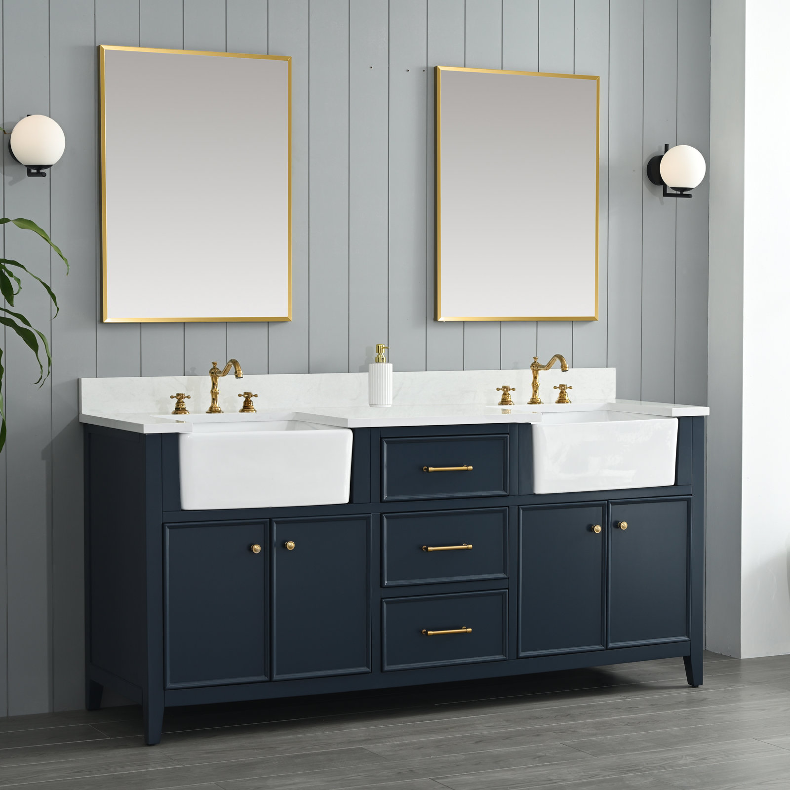 Aisa 72" Pine Double Bathroom Vanity, Indigo Blue/Brushed Gold