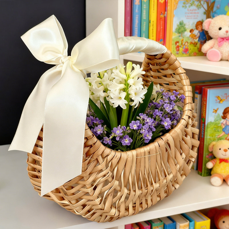 Panier de fleurs en osier tressé en forme de lune avec poignée et ruban blanc 1 pièce