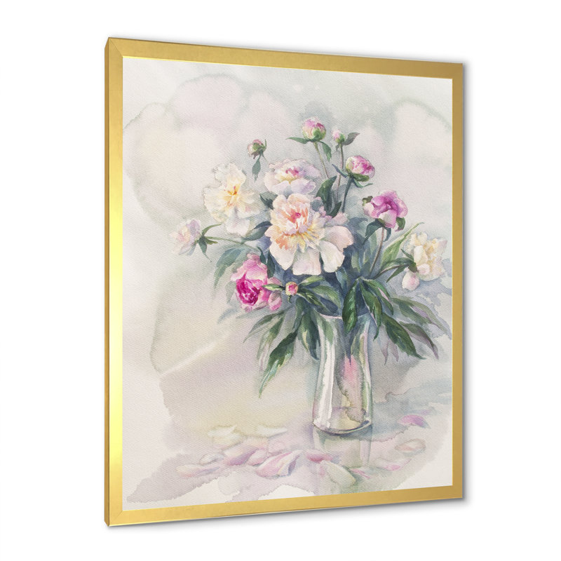 Bouquet abstrait de pivoines blanches II - reproduction d'art sur toile, Cadre photo doré, H 32 po x l 16 po x P 1 po