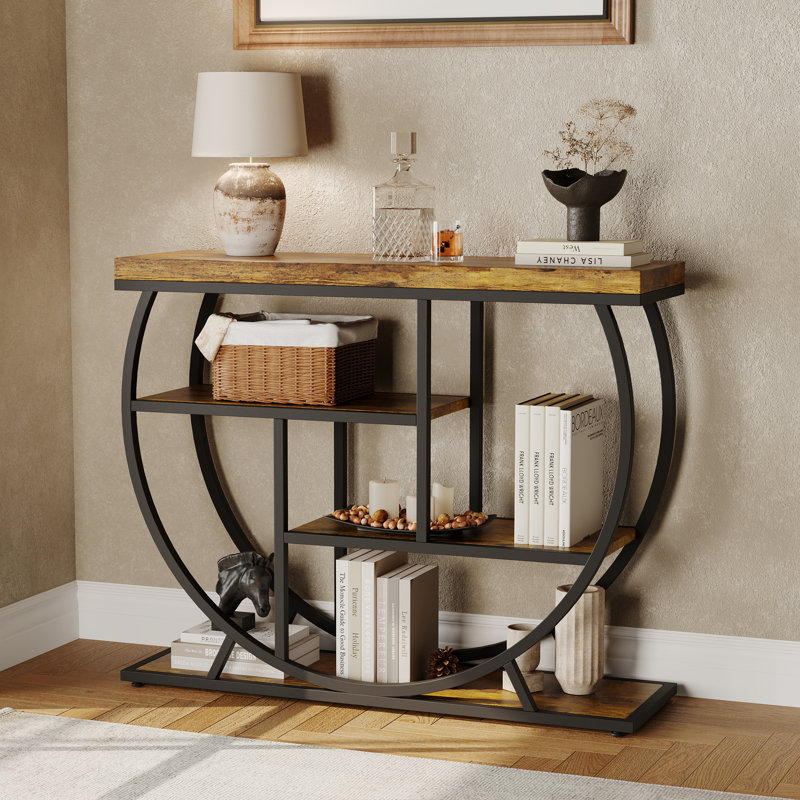 39 in Modern Console Table for Entryway, 4 Tier Hallway Table with Storage, Brown, Black