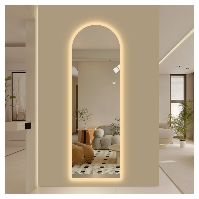 65" x 21" Symmetrical Arch LED Full Length Wall Mirror, Dimmable 3-Color Lighted Mirror with Frosted Border