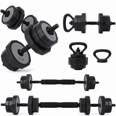 3-in-1 Adjustable Dumbbell Barbell Kettlebell Set (Up to 85 LBS) – TPR Coated Iron Sand Free Weights with Dual Safety Collars for Home Gym Strength Tr