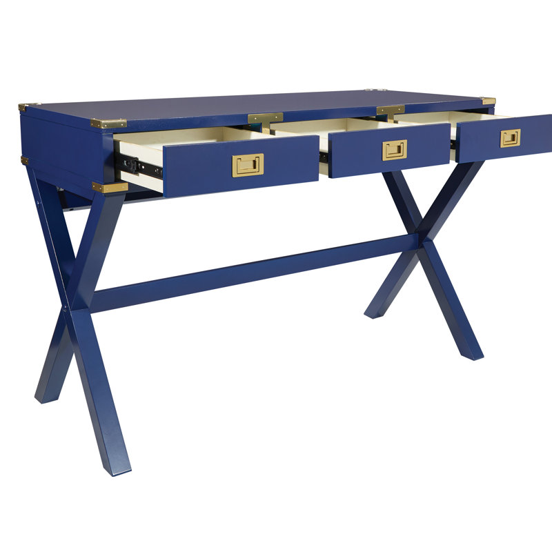 Harrison Solid Wood Writing Desk with Built-In Electrical Outlet, Blue