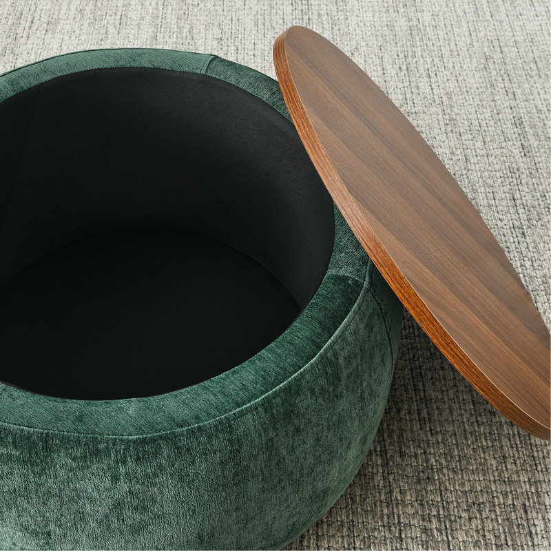 Round Storage Ottoman, 2 In 1 Function, Work As End Table And Ottoman,With Small Seat（ONLY OTTOMAN), Green