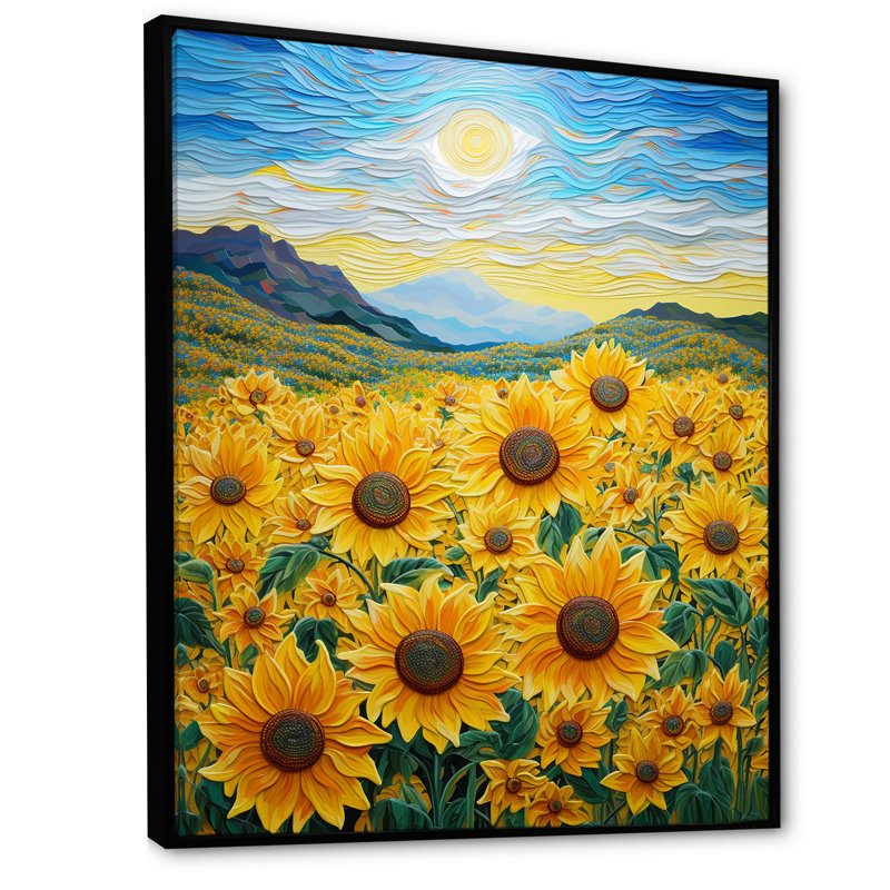 «Vangogh Style Sunflowers Mountains», reproduction sur toile, Cadre flottant noir, H 20 po x l 12 po