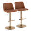 Tabouret de bar réglable contemporain avec pivot en similicuir brun clair et métal doré avec repose-pieds arrondi en T - ensemble de 2
