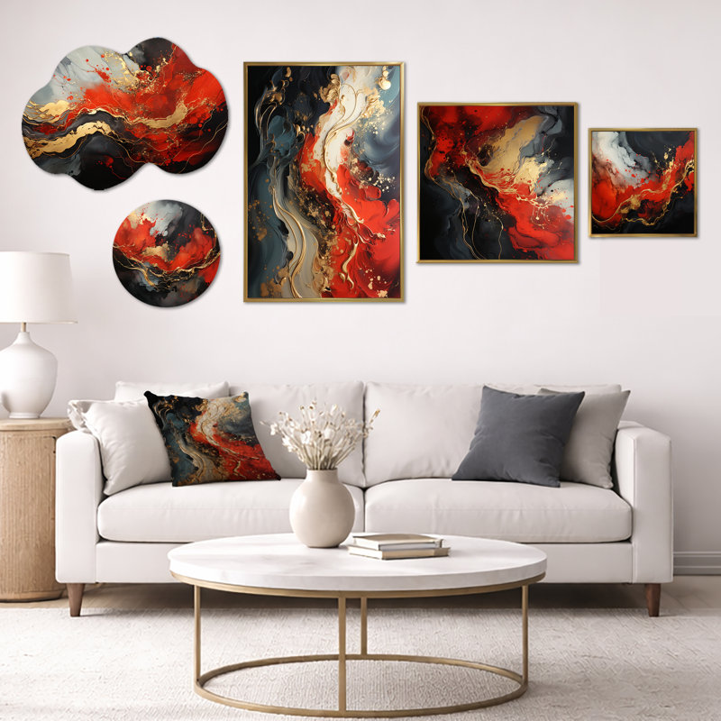 Rouge et or Marble Fire IV - ensemble d'art mural abstrait surdimensionné, toile et métal 5 pièces (100 po x 40 po)