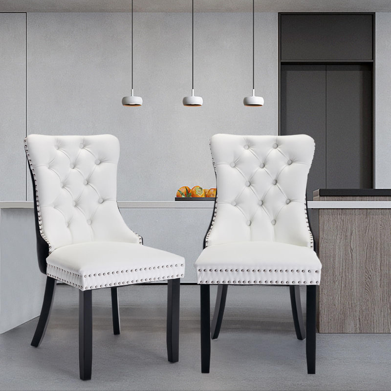 Chaise de salle à manger en velours avec anneau à dossier et pieds en bois massif, Noir / blanc, Noir, 2