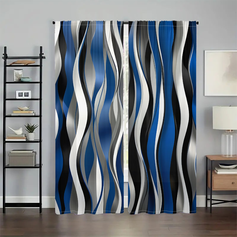 2Pcs Blue Gray Black Wave Stripe Pattern Curtain Modern Abstract Design Window Drapes Elegant Room Darkening Curtains for Bedroom Living Home Decor Energy Saving Rod Pocket Easy Installation