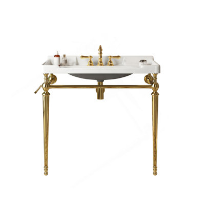 Lavabo de salle de bain 36 po, meuble-lavabo mural en céramique blanche avec 3 trous de robinet pré-percés, pieds de support autoportants en acier inoxydable avec barre à serviettes, sans couvercle ni couvercle de lavabo, couleur or