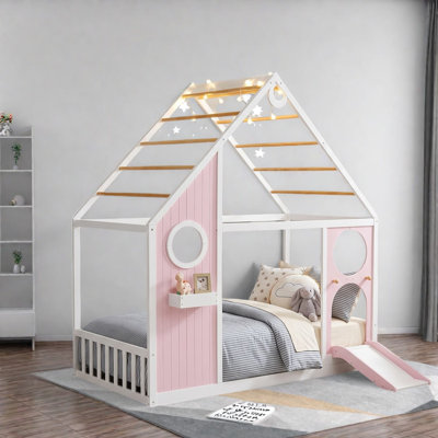 Lits jumeaux cabane avec glissade, cabane de jeu moderne en MDF rose pour chambre d'enfant