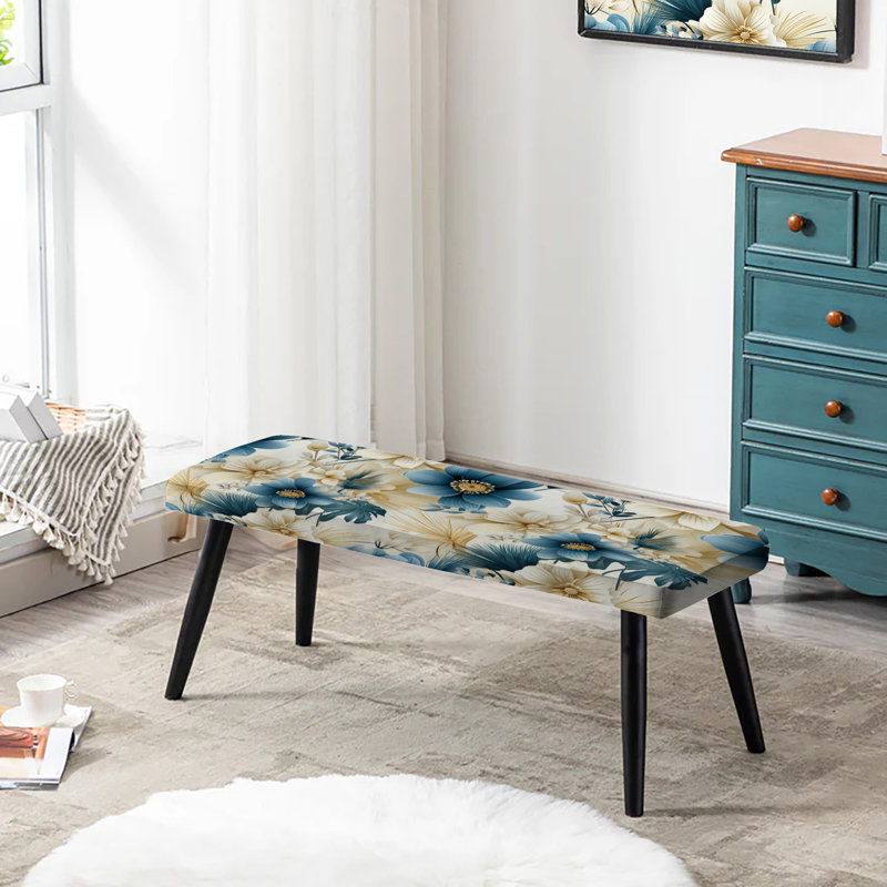 Floral Upholstered Black Bench, Beige And Blue Escape Flowers I