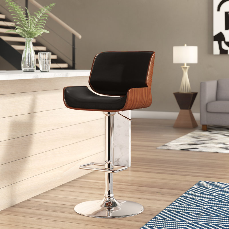 Cecillia Swivel Adjustable Height Barstool in Chrome, Walnut Wood and Faux Leather, Black Faux Leather
