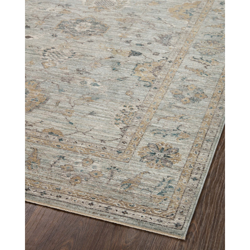 Sky & Gold Floral Washable Wool-Blend 3'6" x 5'6" Rectangular Rug