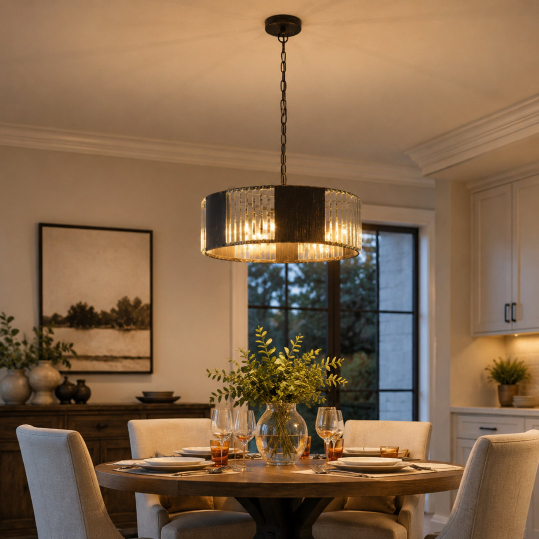 5-Lights Round K9 Round Chandelier Dia 44CM Pendant With Crystal Strip Pendant Light Fixture, Retro Distressed Black Gold