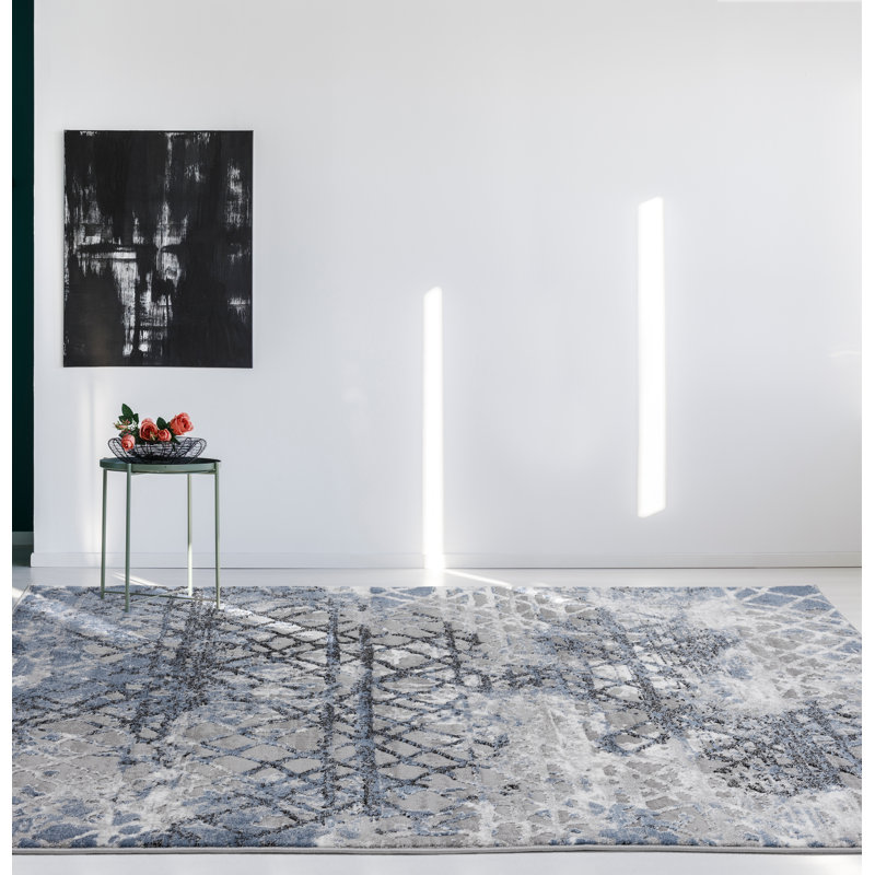 Tapis bleu à motif géométrique, Rectangle 5 pi 3 po x 7 pi 5 po