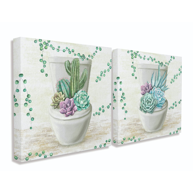 «Bathroom Succulents On toilettes Paintings», ensemble de 2 impressions, Toile tendue, H 17 po x l 17 po