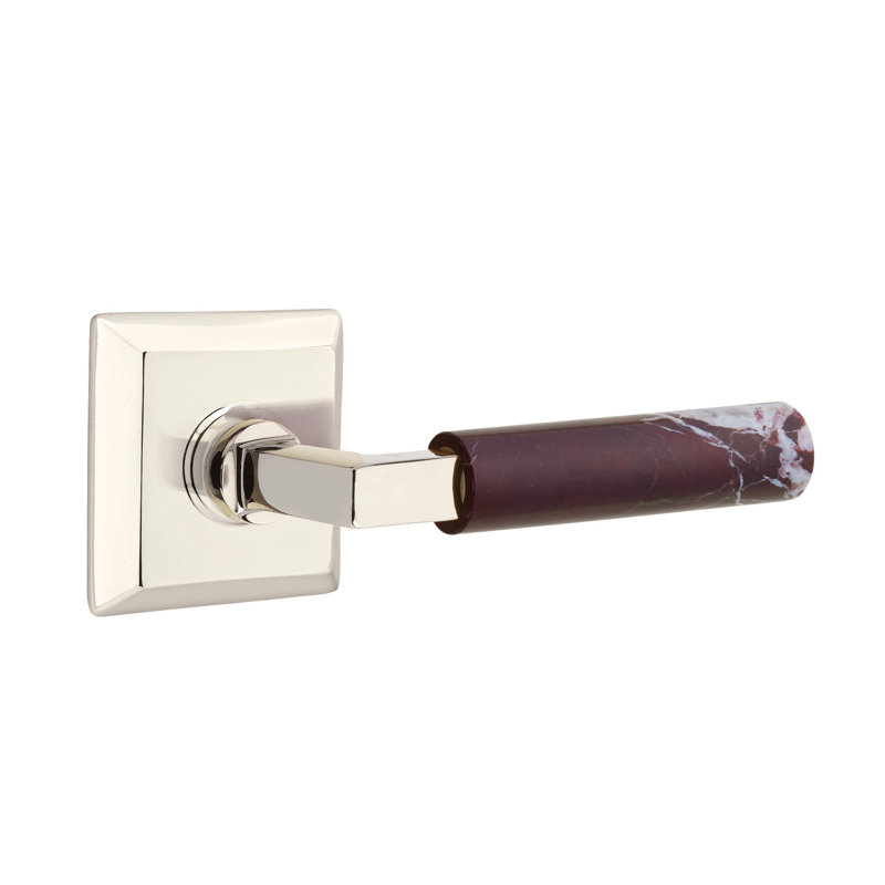 Ensemble de faux levier Emtek Select avec rosette Quincy et tige carrée en L, levier en marbre Rosso Levanto, Nickel poli