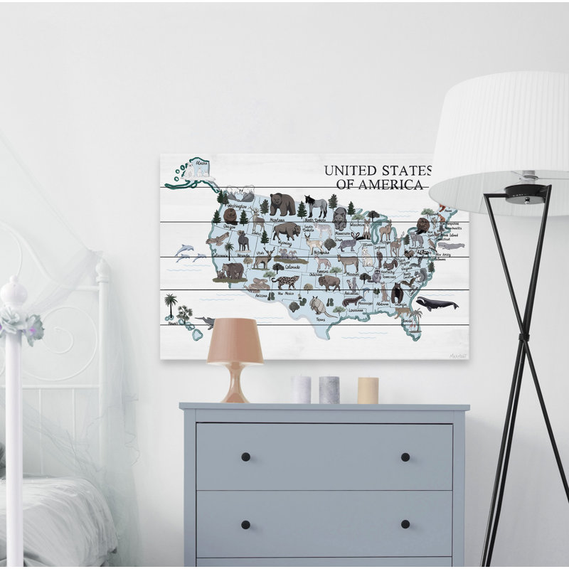 «Blue Animals Map», reproduction sur bois blanc, H 20 po x l 30 po x P 1,5 po