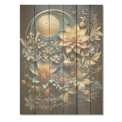 Papier mâché beige et bleu sarcelle fleurs mélangées - fleurs, art mural sur bois de pin naturel