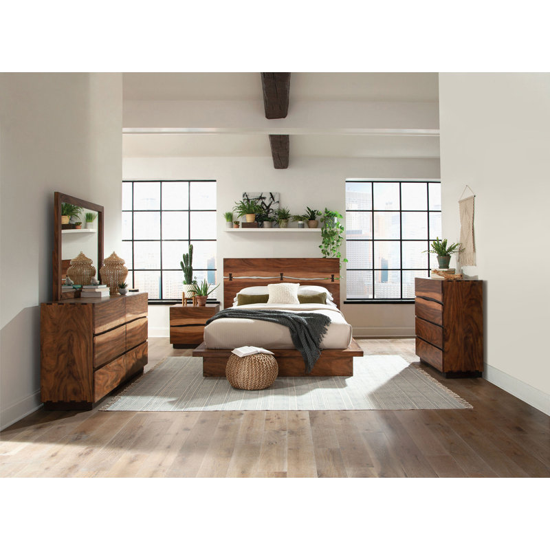 Jequarius 5-piece California King Bedroom Set Smokey Walnut, California King, 5 Pcs: Bed, Nightstand, 2 Dressers, Mirror
