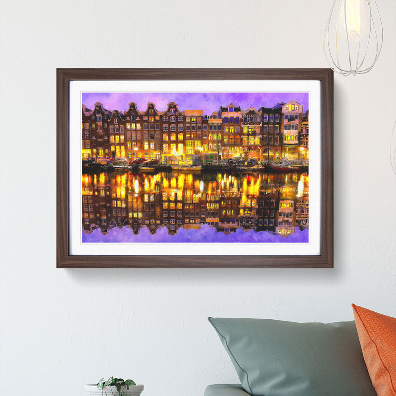 Amsterdam At Night - Single Picture Frame Painting on MDF, Walnut, 33cm H x 45cm W x 2cm D