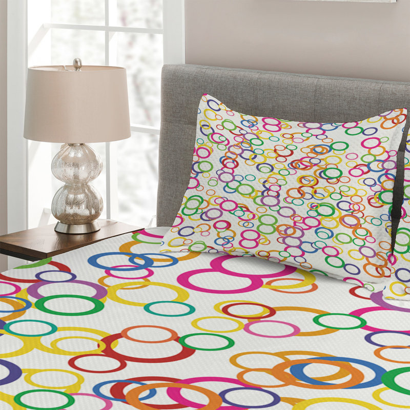 King Size White Quilted Bedspread Set with Colorful Circles