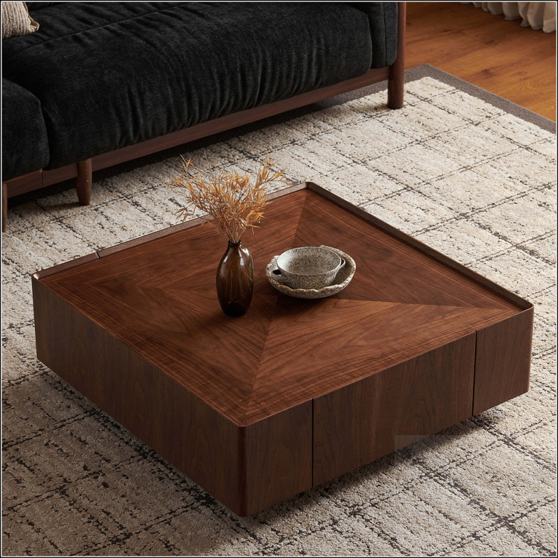 Table basse carrée en bois de noyer avec deux tiroirs