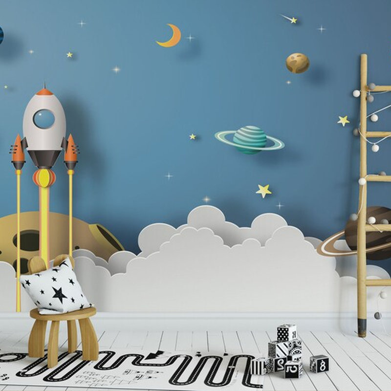 Papier peint pour chambre d'enfant, espace, fusée, planète bleue, système solaire, chambre d'enfant, 96" L x 108" W