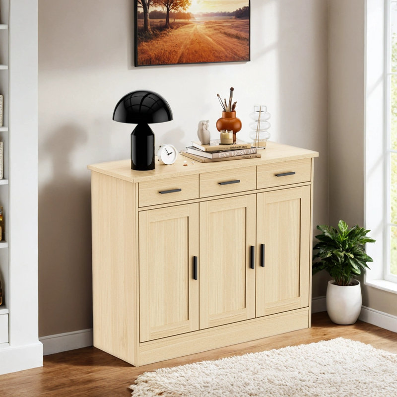 Buffet en chêne de 43,3 po de largeur, armoire à café avec 3 tiroirs et 3 portes, buffet de cuisine pour le salon, cuisine