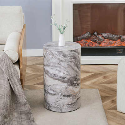 Simple Grey Marble Textured Cylindrical Coffee Table, 12-Inch Diameter, 19.7-Inch Height, MDF Material For Industrial Style Living Rooms