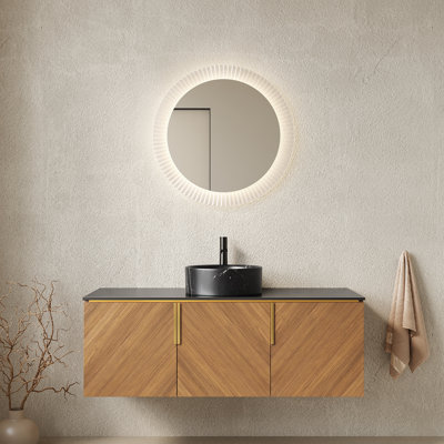Meuble-lavabo 48 po, meuble de rangement mural en contreplaqué avec 3 portes, comptoir en pierre frittée noire et lavabo rond en céramique noire avec motif de pierre, couleur grain de bois de chêne brun